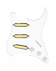 920D Custom Gold Foil Loaded Pickguard For Strat With White Pickups and Knobs, White Pickguard For Strat, and S5W-BL-V Wiring Harness