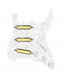 920D Custom Gold Foil Loaded Pickguard For Strat With White Pickups and Knobs, White Pearl Pickguard For Strat, and S5W-BL-V Wiring Harness