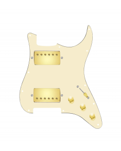 920D Custom Hushed And Humble HH Loaded Pickguard for Strat With Gold Smoothie Humbuckers, Aged White Pickguard, and S5W-HH Wiring Harness