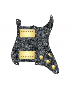 920D Custom Hushed And Humble HH Loaded Pickguard for Strat With Gold Smoothie Humbuckers, Black Pearl Pickguard, and S5W-HH Wiring Harness