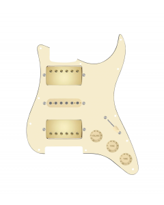 920D Custom HSH Loaded Pickguard for Stratocaster With Gold Smoothie Humbuckers, Aged White Texas Vintage Pickups, White Pickguard, and S5W-HSH Wiring Harness