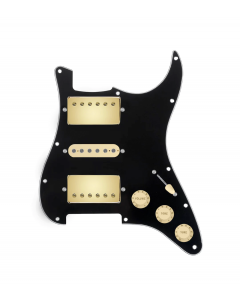 920D Custom HSH Loaded Pickguard for Stratocaster With Gold Smoothie Humbuckers, Aged White Texas Vintage Pickups, Black Pickguard, and S5W-HSH Wiring Harness