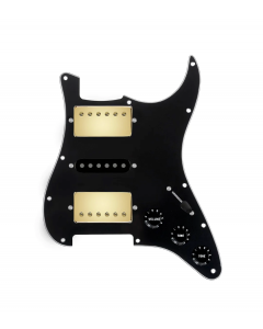 920D Custom HSH Loaded Pickguard for Stratocaster With Gold Smoothie Humbuckers, Black Texas Vintage Pickups, Black Pickguard, and S5W-HSH Wiring Harness