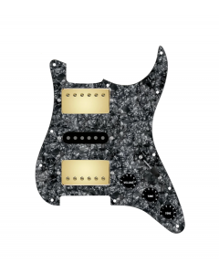 920D Custom HSH Loaded Pickguard for Stratocaster With Gold Smoothie Humbuckers, Black Texas Vintage Pickups, Black Pearl Pickguard, and S5W-HSH Wiring Harness