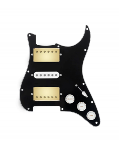 920D Custom HSH Loaded Pickguard for Stratocaster With Gold Smoothie Humbuckers, White Texas Vintage Pickups, Black Pickguard, and S5W-HSH Wiring Harness