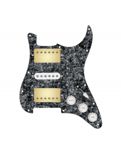 920D Custom HSH Loaded Pickguard for Stratocaster With Gold Smoothie Humbuckers, White Texas Vintage Pickups, Black Pearl Pickguard, and S5W-HSH Wiring Harness