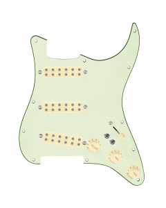 920D Custom Polyphonic Loaded Pickguard for Strat With Aged White Pickups and Knobs, Mint Green Pickguard, and S7W-2T Wiring Harness