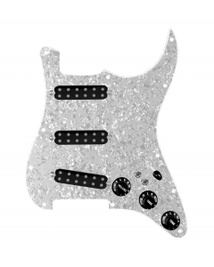 920D Custom Polyphonic Loaded Pickguard for Strat With Black Pickups and Knobs, White Pearl Pickguard, and S7W-2T Wiring Harness