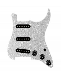 920D Custom Texas Grit Loaded Pickguard for Strat With Black Pickups and Knobs, White Pearl Pickguard, and S5W-BL-V Wiring Harness