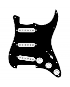 920D Custom Texas Grit Loaded Pickguard for Strat With White Pickups and Knobs, Black Pickguard, and S5W-BL-V Wiring Harness