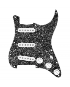 920D Custom Texas Grit Loaded Pickguard for Strat With White Pickups and Knobs, Black Pearl Pickguard, and S7W Wiring Harness