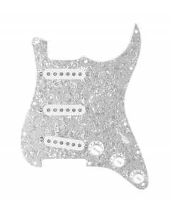 920D Custom Texas Grit Loaded Pickguard for Strat With White Pickups and Knobs, White Pearl Pickguard, and S5W-BL-V Wiring Harness