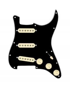 920D Custom Texas Growler Loaded Pickguard for Strat With Aged White Pickups, Black Pickguard, and S5W-BL-V Wiring Harness