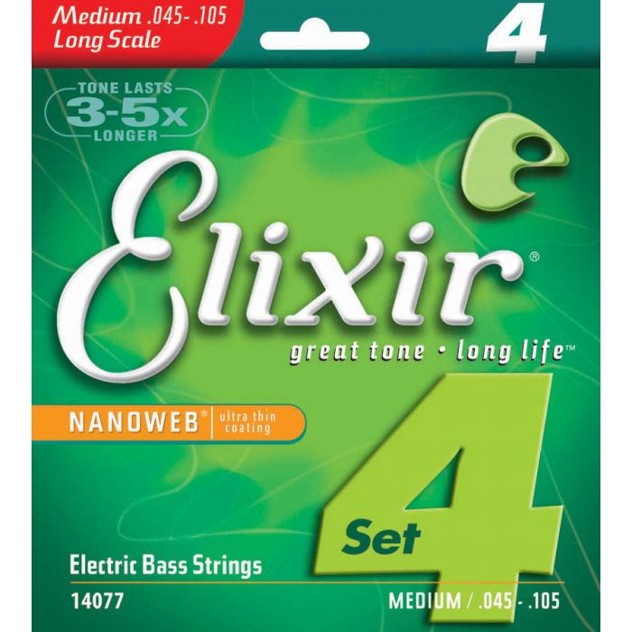 Elixir Strings Electric Bass Strings 4-String Medium Long Scale NANOWEB Coating