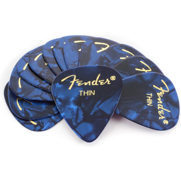 Fender 351 Premium Celluloid Guitar Picks - THIN BLUE MOTO - 12-Pack (1 Dozen)