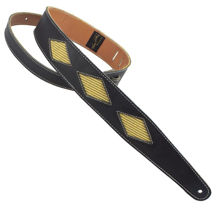 Henry Heller Leather Series, 2" Wide Guitar Strap, Black with Tweed Diamond