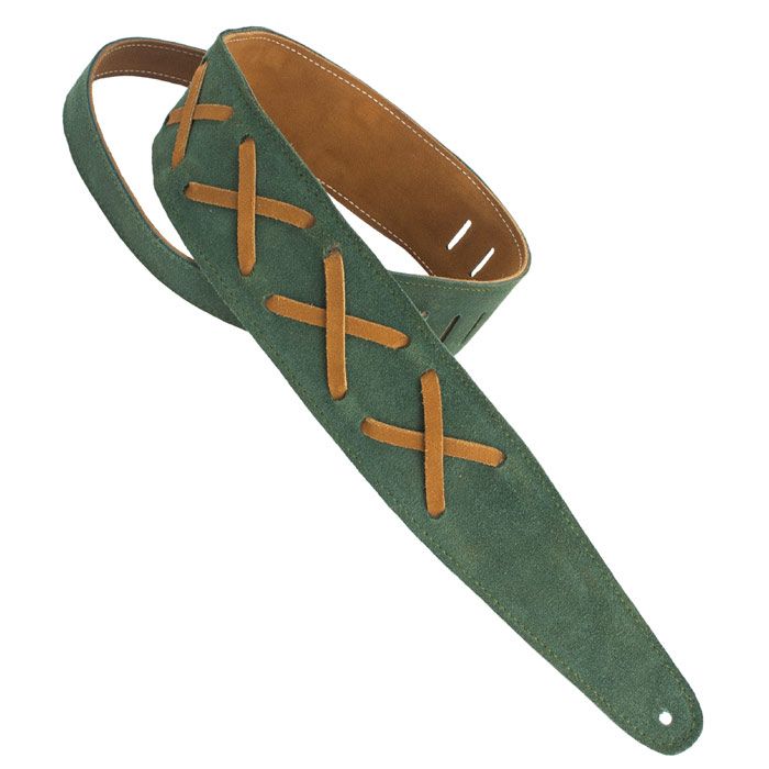 Henry Heller Leather X's, 2.5" Wide Guitar Strap, Kelly Green/Brown