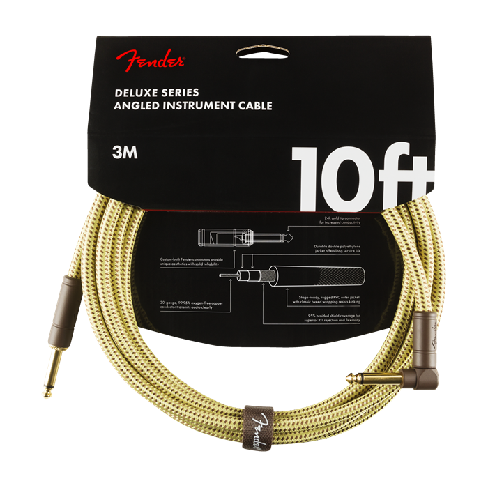 Fender Deluxe TWEED Series Electric Guitar Cable, Right-Angle to Straight 10' ft