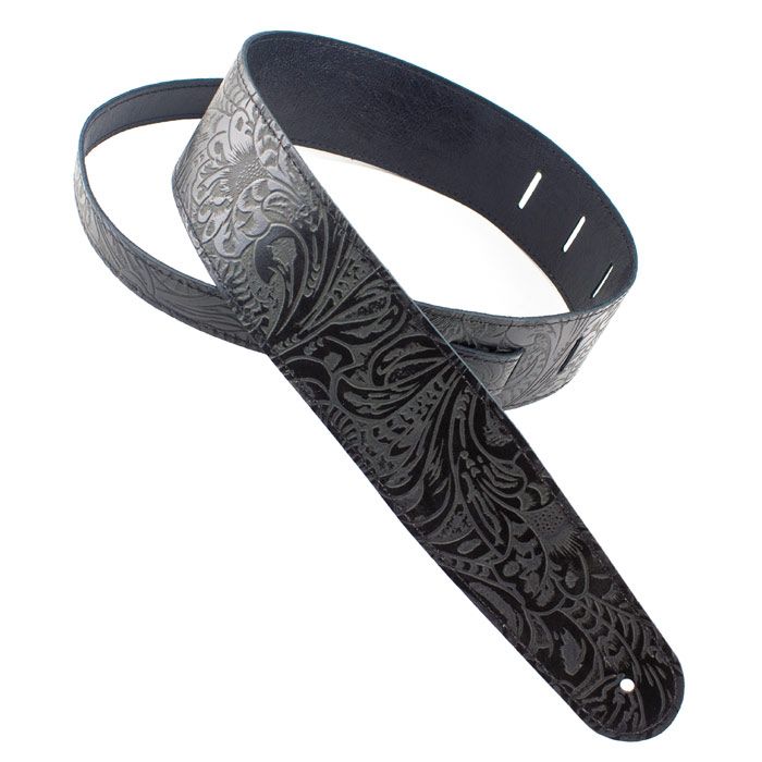 Henry Heller Embossed Leather Guitar Strap, 2.5" Wide, Black Floral