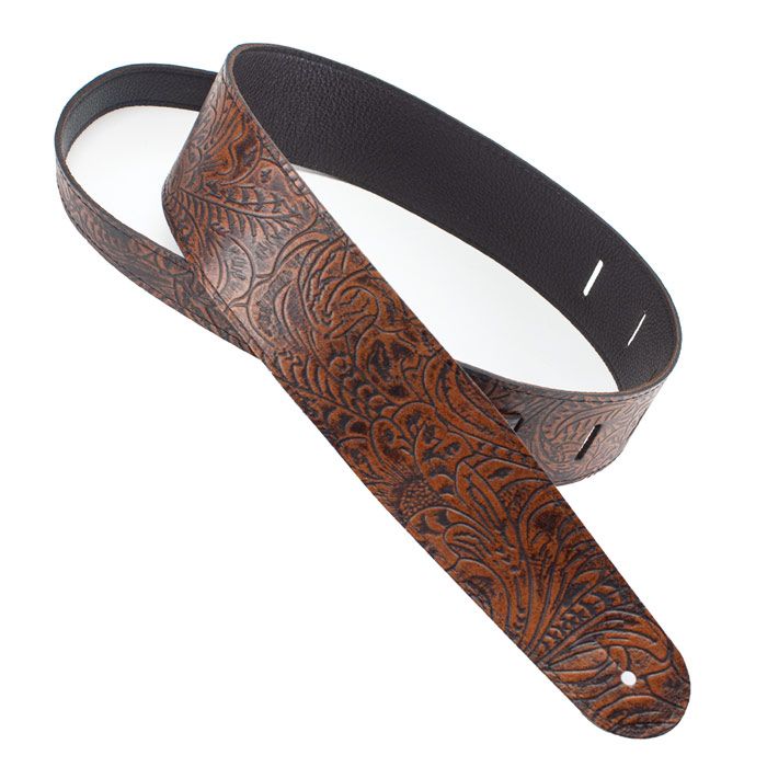 Henry Heller Embossed Leather Guitar Strap, 2.5" Wide, Brown Floral