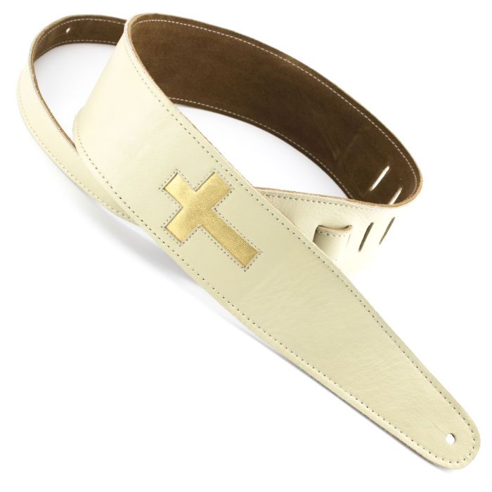 Henry Heller Leather Series, 2.5" Wide Guitar Strap, Bone White with Gold Cross