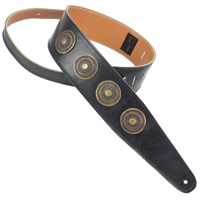 Henry Heller Deluxe Leather Guitar Strap, 3" Wide, Black, Medalions