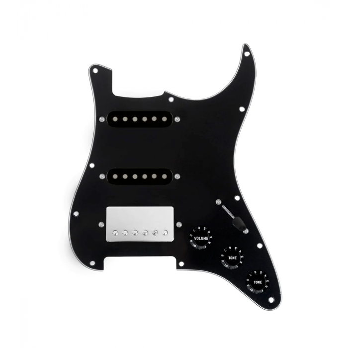 920D Custom HSS Loaded Pickguard For Strat With A Nickel Cool Kids Humbucker, Black Texas Grit Pickups, Black Knobs, and Black Pickguard