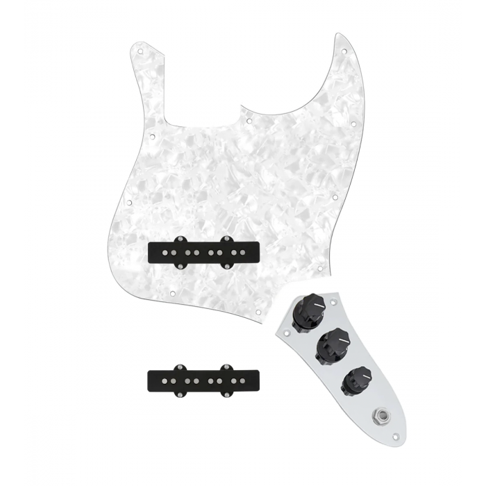 920D Custom Jazz Bass Loaded Pickguard With Drive (Hot) Pickups, White Pearl Pickguard, and JB-C Control Plate