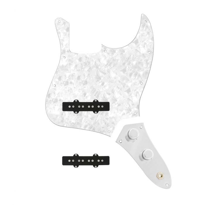 920D Custom Jazz Bass Loaded Pickguard With Drive (Hot) Pickups, White Pearl Pickguard, and JB-CON-C Control Plate