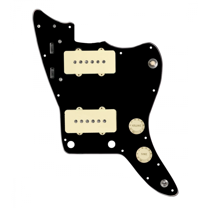 920D Custom JM Vintage Loaded Pickguard for Jazzmaster With Aged White Pickups and Knobs, Black Pickguard, and JMH-V Wiring Harness