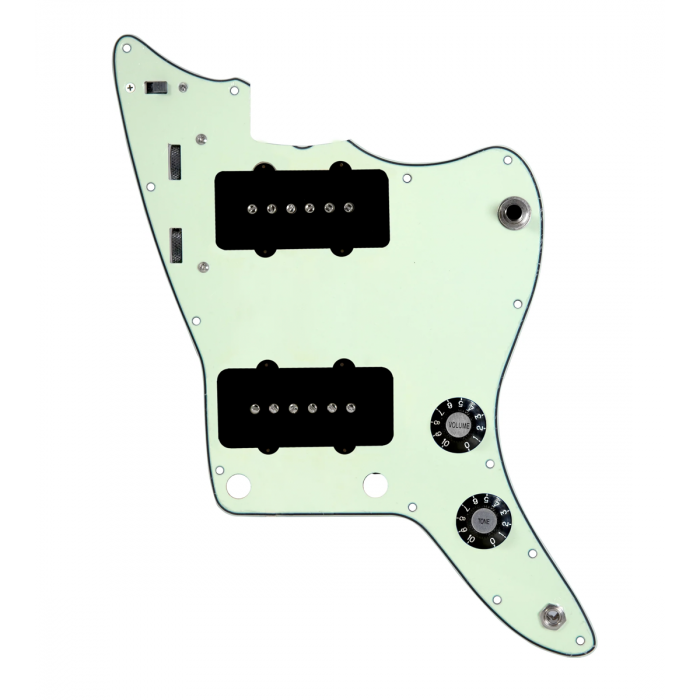 920D Custom JM Vintage Loaded Pickguard for Jazzmaster With Black Pickups and Knobs, Mint Green Pickguard, and JMH-V Wiring Harness