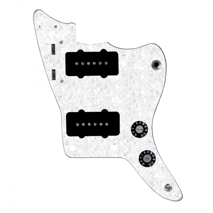 920D Custom JM Vintage Loaded Pickguard for Jazzmaster With Black Pickups and Knobs, White Pearl Pickguard, and JMH-V Wiring Harness