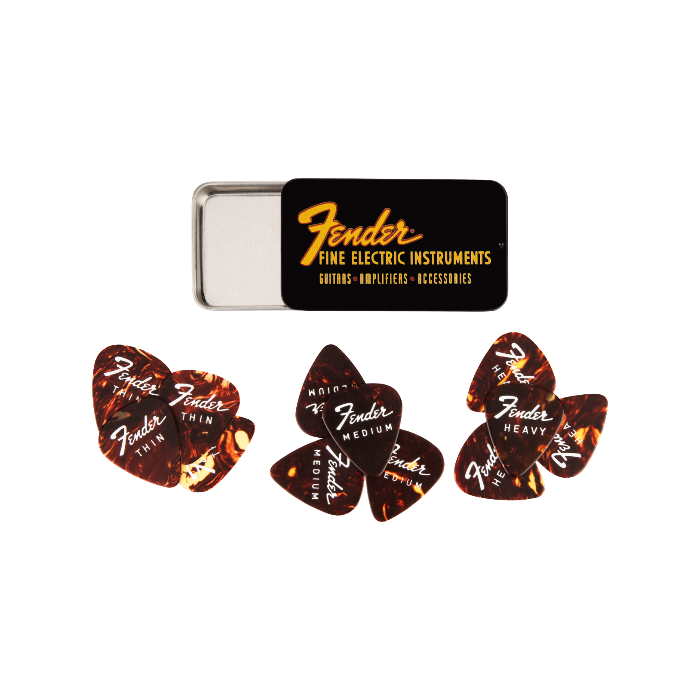 Genuine Fender Fine Electric Guitar Pick Gift Tin - 12 Pack of Thin/Medium/Heavy