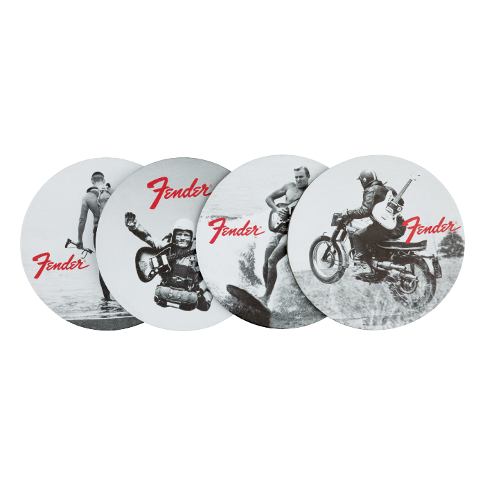 Genuine Fender Guitars Vintage Ads Leather Coasters Gift, 4-Pack