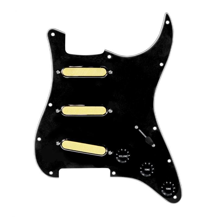 920D Custom Gold Foil Loaded Pickguard For Strat With Black Pickups and Knobs, Black Pickguard For Strat, and S5W-BL-V Wiring Harness