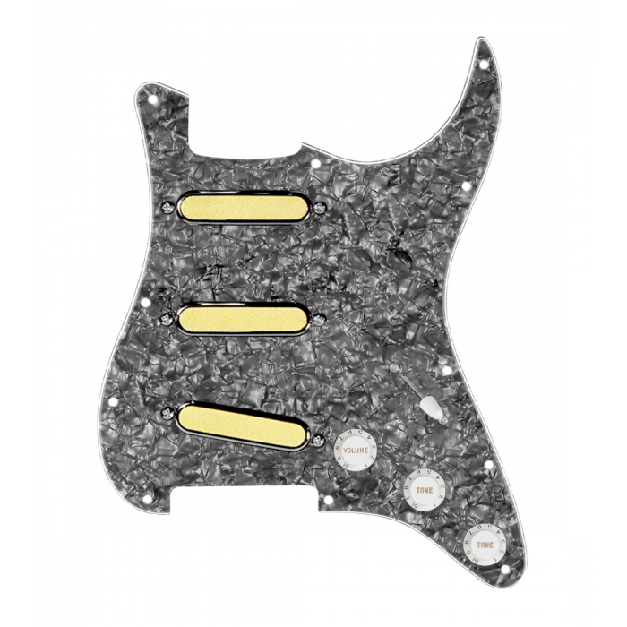 920D Custom Gold Foil Loaded Pickguard For Strat With White Pickups and Knobs, Black Pearl Pickguard For Strat, and S5W-BL-V Wiring Harness