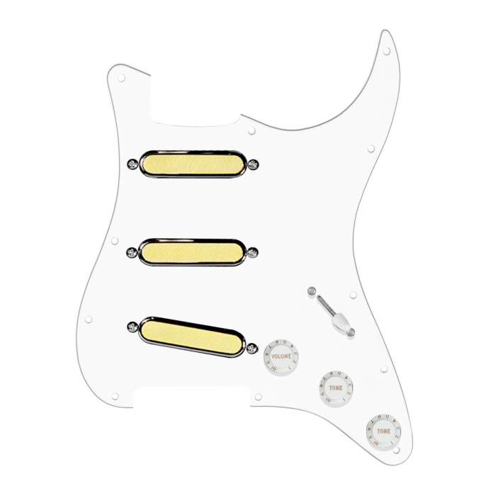 920D Custom Gold Foil Loaded Pickguard For Strat With White Pickups and Knobs, White Pickguard For Strat, and S7W Wiring Harness