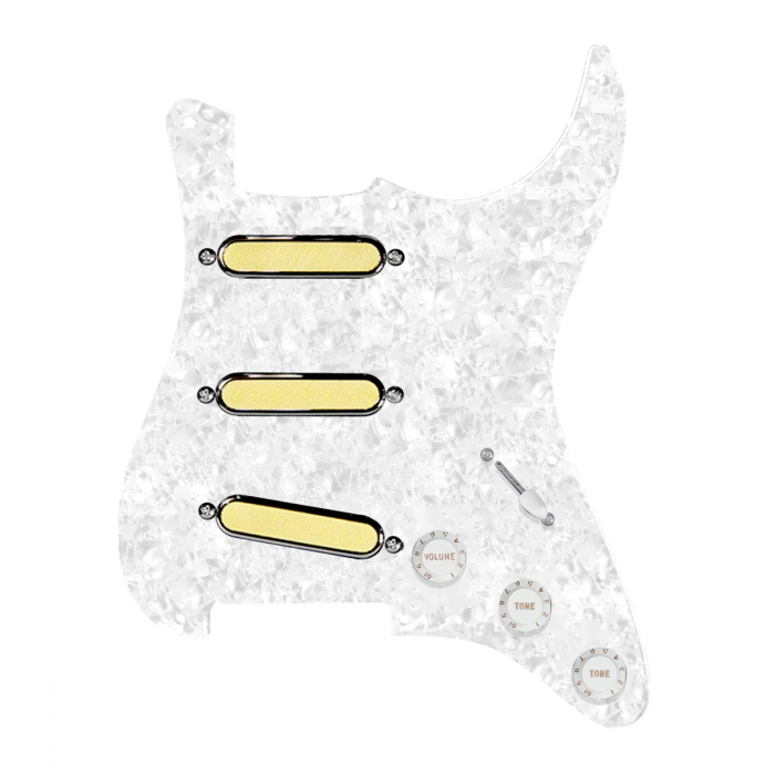 920D Custom Gold Foil Loaded Pickguard For Strat With White Pickups and Knobs, White Pearl Pickguard For Strat, and S5W-BL-V Wiring Harness