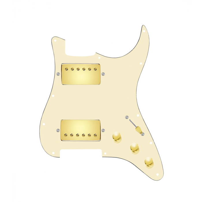 920D Custom Hushed And Humble HH Loaded Pickguard for Strat With Gold Smoothie Humbuckers, Aged White Pickguard, and S5W-HH Wiring Harness