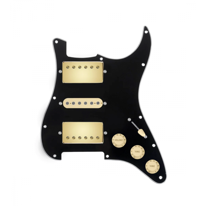 920D Custom HSH Loaded Pickguard for Stratocaster With Gold Smoothie Humbuckers, Aged White Texas Vintage Pickups, Black Pickguard, and S5W-HSH Wiring Harness