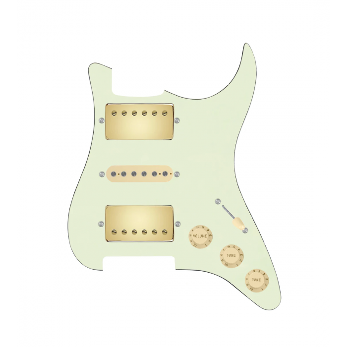 920D Custom HSH Loaded Pickguard for Stratocaster With Gold Smoothie Humbuckers, Aged White Texas Vintage Pickups, Mint Green Pickguard, and S5W-HSH Wiring Harness