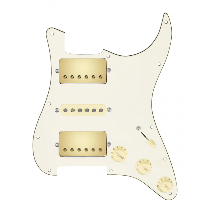 920D Custom HSH Loaded Pickguard for Stratocaster With Gold Smoothie Humbuckers, Aged White Texas Vintage Pickups, Parchment Pickguard, and S5W-HSH Wiring Harness