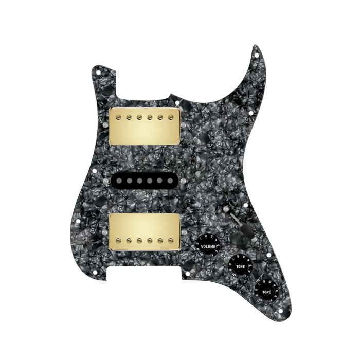 920D Custom HSH Loaded Pickguard for Stratocaster With Gold Smoothie Humbuckers, Black Texas Vintage Pickups, Black Pearl Pickguard, and S5W-HSH Wiring Harness