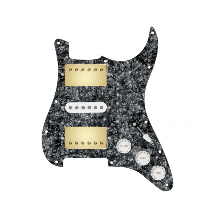 920D Custom HSH Loaded Pickguard for Stratocaster With Gold Smoothie Humbuckers, White Texas Vintage Pickups, Black Pearl Pickguard, and S5W-HSH Wiring Harness