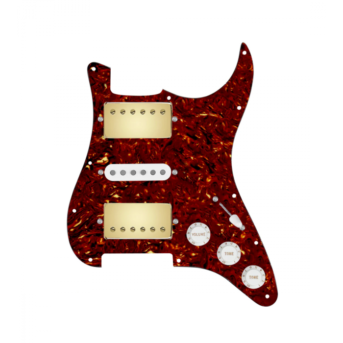 920D Custom HSH Loaded Pickguard for Stratocaster With Gold Smoothie Humbuckers, White Texas Vintage Pickups, Tortoise Pickguard, and S5W-HSH Wiring Harness