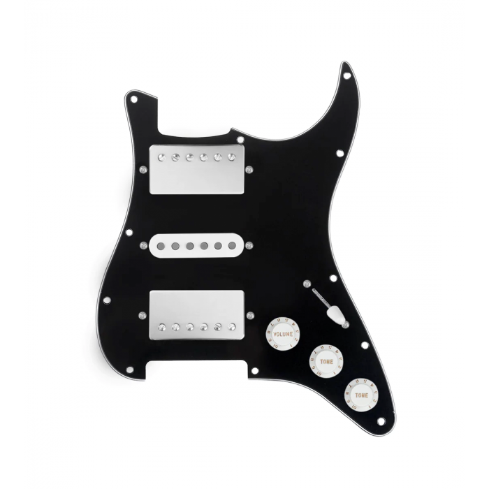 920D Custom HSH Loaded Pickguard for Stratocaster With Nickel Smoothie Humbuckers, White Texas Vintage Pickups, Black Pickguard, and S5W-HSH Wiring Harness