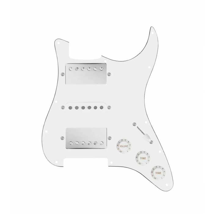 920D Custom HSH Loaded Pickguard for Stratocaster With Nickel Smoothie Humbuckers, White Texas Vintage Pickups, White Pickguard, and S5W-HSH Wiring Harness