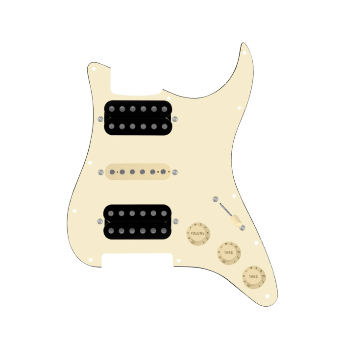 920D Custom HSH Loaded Pickguard for Stratocaster With Uncovered Smoothie Humbuckers, Aged White Texas Vintage Pickups, Aged White Pickguard, and S5W-HSH Wiring Harness