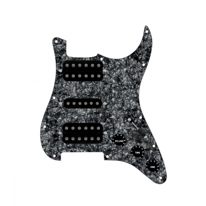 920D Custom HSH Loaded Pickguard for Stratocaster With Uncovered Smoothie Humbuckers, Black Texas Vintage Pickups, Black Pearl Pickguard, and S5W-HSH Wiring Harness