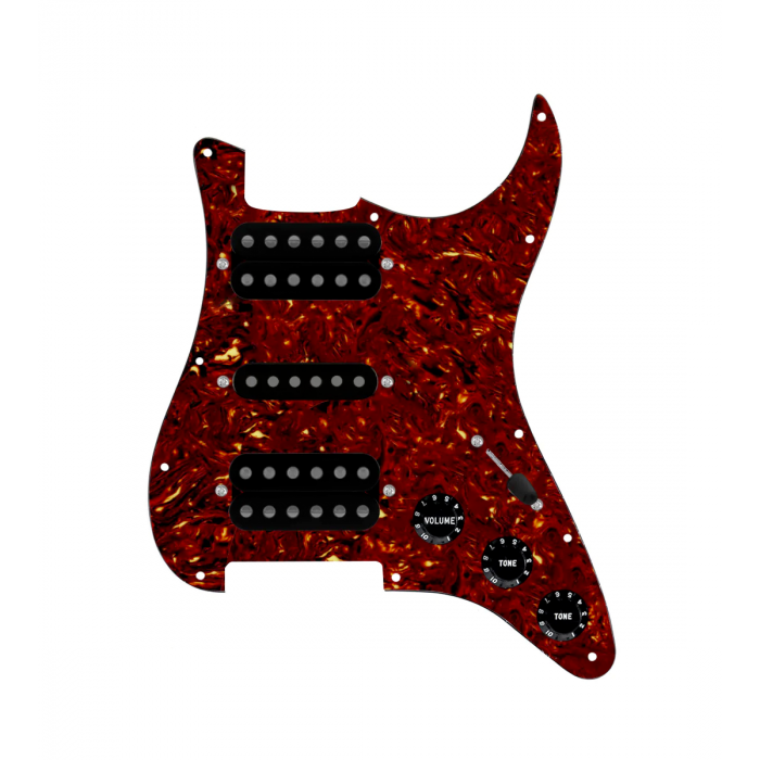 920D Custom HSH Loaded Pickguard for Stratocaster With Uncovered Smoothie Humbuckers, Black Texas Vintage Pickups, Tortoise Pickguard, and S5W-HSH Wiring Harness